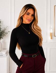 Women's Ribbed Mock Neck Long Sleeve Base Layer Top Elegant Basic Casual Gift - 黑色的 - 查看 2