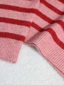 Set Musim Dingin Wanita, Sweater Leher Bulat Bergaris Blok Warna Vintage, Atasan Rajut Longgar Lembut dengan Bahu Jatuh - Berwarna merah muda - View 6