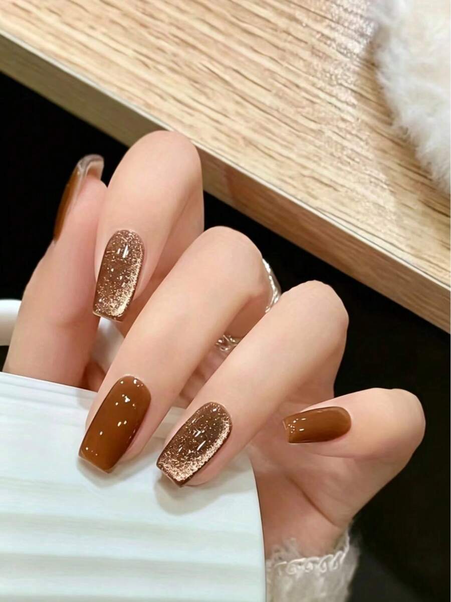 Monina 24pcs Caramel Coffee Cat Eye Press-On Nails, Holiday Essential Gift, Pure Handmade Light Therapy, Elegant & Skin-Brightening - Khaki - View 1
