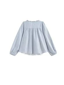 Blus Lengan Panjang Longgar Bergaris 2-in-1 Gaya Korea Manis Awet Muda dengan Lengan Berkerut dan Motif Kelopak Bunga - Biru - View 5