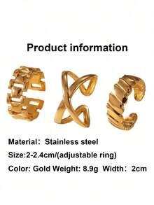 Bộ 3 nhẫn thép không gỉ cho nữ, mạ vàng 18K, nhẫn vòng hình học phong cách vintage thời trang, nhẫn tối giản cá tính đa năng có thể điều chỉnh - Vàng - Xem 6