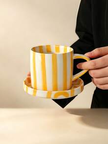Multi-Color Vertical Striped Ceramic Coffee Cup With Matching Tray, Red Yellow Black 3-Color Striped Porcelain Latte Tea Cup Set, Vintage French Aesthetic Breakfast Tableware, Romantic Valentine's Day Birthday Housewarming Gift - Multicolor - View 14