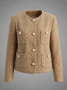 Women's Autumn/Winter Off-Shoulder Cropped Jacket, Elegant Minimalist Fashion Design With Pockets, Tweed Fringe Old Money Style Jacket Coat, Suitable For Daily Wear, Commuting, Street, Dating, Vintage Tea Party, Garden, College Style - Khaki - View 8