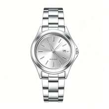 1pc Unisex Silver Stainless Steel Quartz Watch With Red Sunburst Bar-Index Date Dial, Water-Resistant Business And Casual Quartz Wristwatch - one-size - View 11