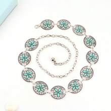 1pc Adjustable Slim Waist Pink Turquoise Sunflower Vintage Silver Waist Chain, Western Cowboy Dress Accessory - Lake Blue Flower Shadow - View 15