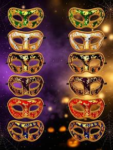 14pcs/12pcs/7pcs/6pcs/1pc Elegant Venetian Masquerade Masks, Sparkling Half Face Masks, Perfect For Performance, Unisex, Cosplay And Halloween Party, Carnival And Christmas Party - Adjustable Ribbon Design - Gold-stamped Cloth Mask - View 14