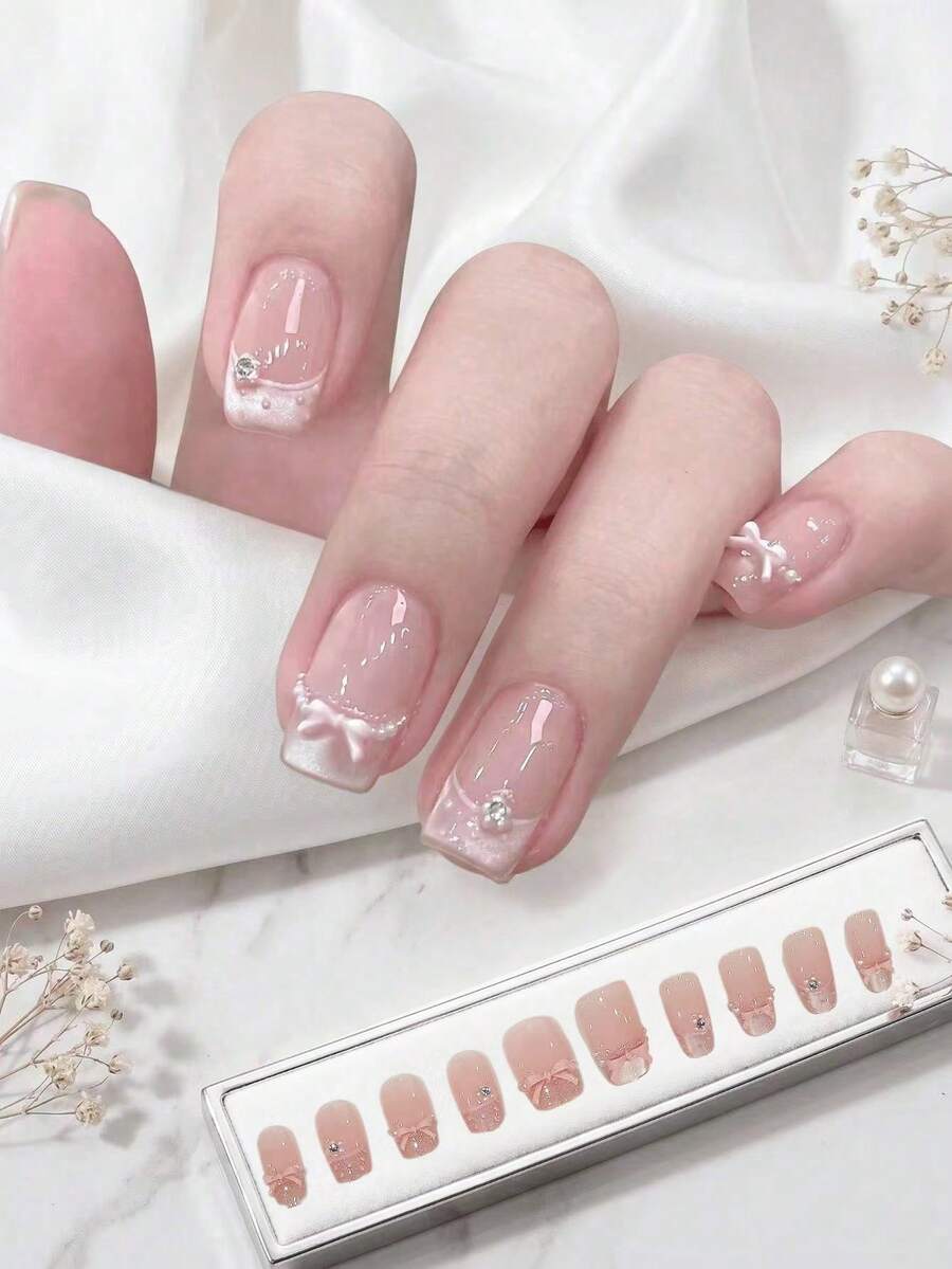 10pcs Square Wearable Nails Short/3D Bow Pearl Flower Rhinestone French Sweet Style Perfect Fit Acrylic False Nails Suitable For Women Autumn/Winter Daily Commute - 彩色 - 查看 1