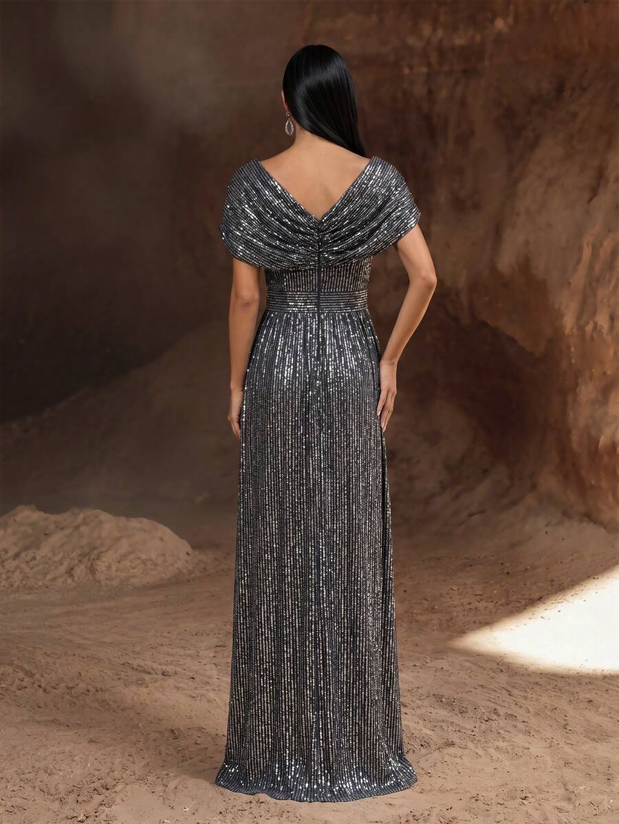 Women's Shiny Elegant V-Neck Ruched Dress For Formal Occasions Wedding Party Fall - Multicolor - View 1