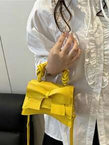 純色百褶蝴蝶結翻蓋斜挎包 PU 女款手提包 - 黃色 - 查看 4