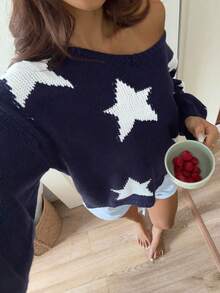 Sweater Lengan Panjang Leher V Motif Bintang Lima Warna Biru Gaya Kampus Fashion Jalanan Y2K Kasual Longgar - Royal Blue - View 8