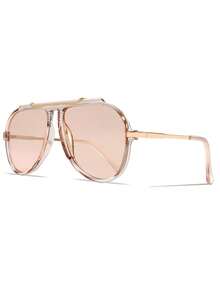 1 Pair Women's Metal Oval Frame Vintage Double Bridge Fashion Aviator Glasses, Suitable For Vacation Beach, Women's Fashion Glasses, Summer Beach Vacation, Outdoor, Travel - Champagne - View 4