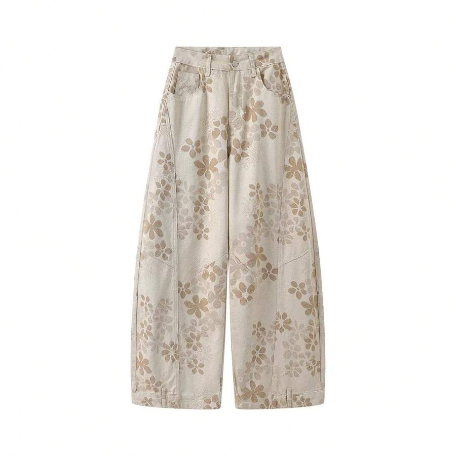 復古卡其印花彎腿鈕扣牛仔褲,休閒辦公日常夏季款 - 卡其色 - 查看 1