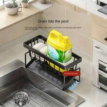 Multifunctional Kitchen Sink Storage Rack With Towel Bar - Metal/Plastic Sponge Holder, Dish Soap Dispenser And Self-Draining Tray - Black & White Color, No-Drill Installation, Compact Storage, Kitchen Sink Accessories, Sink Storage Rack - View 9