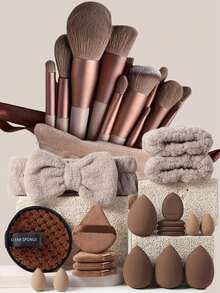 15pcs Professional Makeup Brush Set, Soft Bristles, Eyeshadow Foundation Blush Makeup Brushes, Includes 2 Brown Makeup Sponges, Suitable For All Skin Care Needs, Perfect For Beginners And Professionals, Ideal Birthday Gift,Bedroom Room Decor,Back To School - Multicolor - View 5