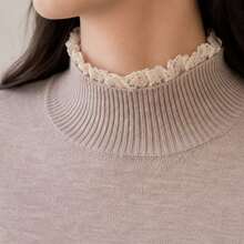 Sweater Rajut Leher Tinggi Patchwork Renda Gaya Lembut Wanita, Lapisan Dasar Lengan Panjang Pas Ramping Musim Gugur/Dingin, Atasan Dalaman Minimalis Serbaguna - Aprikot - View 5