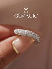 1 pièce Bague incurvée incrustée en argent sterling 925, bijou exquis pour femme, parfait pour le port quotidien, cadeau d'anniversaire, bijou délicat - Bague Micro-Pavé Courbée - Voir 4