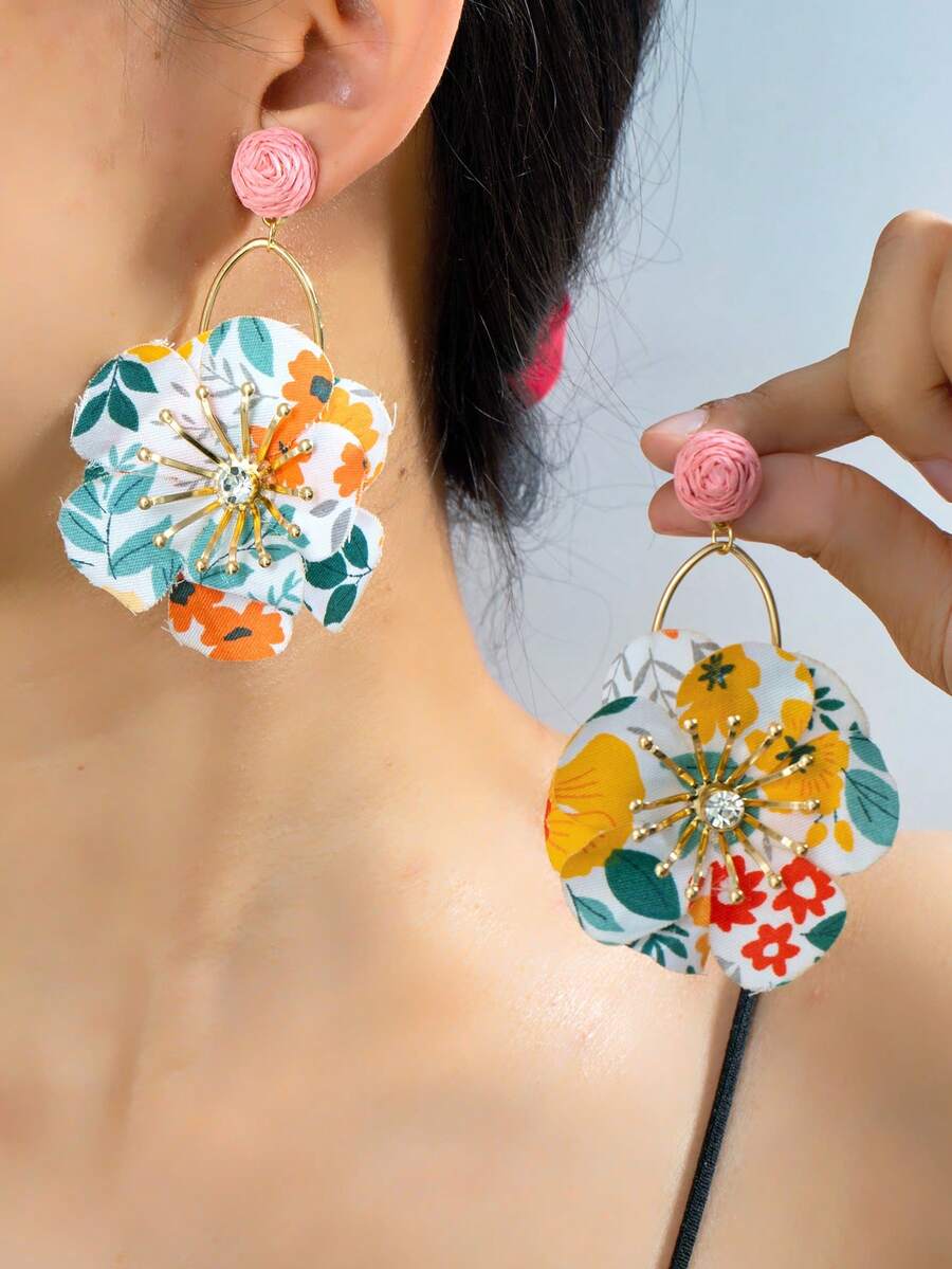 1pc New Colorful Floral Stud Earrings, Fashion Fresh Elegant Artistic Vintage Style - Multicolor - View 1