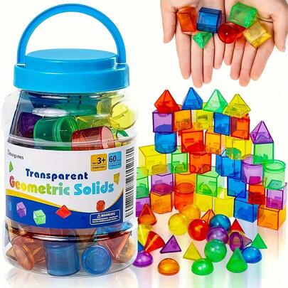 Transparent Geometric Shapes Children's Set, 3D Shape Math Teaching Aids, With Storage Jar, Colorful Educational Blocks, Suitable For Children's Learning, STEM Toy Gift, Suitable For Boys And Girls
