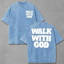 Summer Tops(230g T-Shirt) Washed Cotton "Jesus Over Everything" Religious Graphic Tee, Oversized Casual Crewneck Short Sleeve T-Shirt, Retro Soft Brea - Light Blue - 查看 1