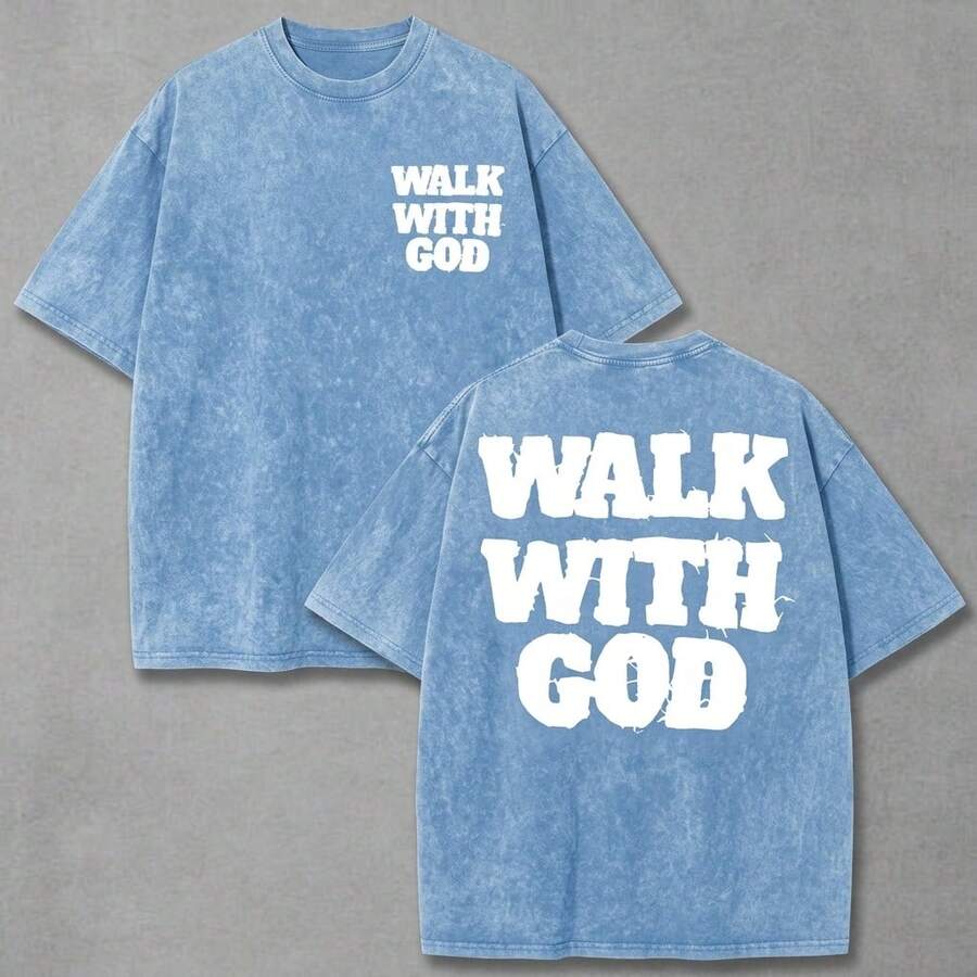 Summer Tops(230g T-Shirt) Washed Cotton "Jesus Over Everything" Religious Graphic Tee, Oversized Casual Crewneck Short Sleeve T-Shirt, Retro Soft Brea - Light Blue - 查看 1