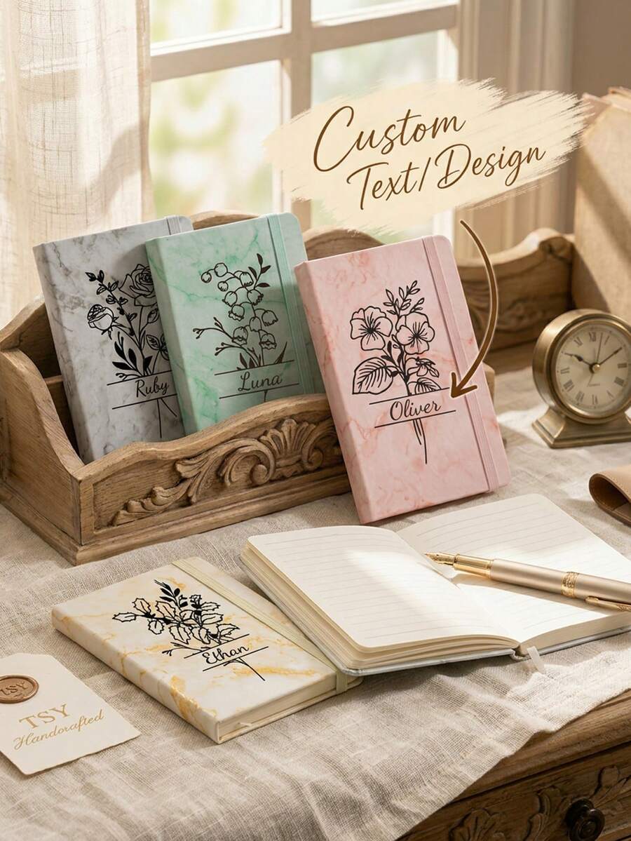 Personalized Marble Pattern Diary, Customized Name & Birth Flower Notebook, Customized Text Hardcover Journal, Personalized Gift For Her, Bridesmaid Graduation Birthday Women Memorial Writing Notebook - Marble Floral Pattern - View 1