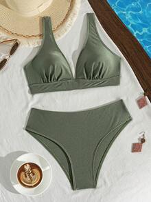 Women's Solid Shiny Fabric V-Neck Bikini 2 Pieces Set For Summer Island Holiday Swimming Vacation Beach - Army Green - View 2