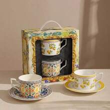 1 Set Ceramic Coffee Cup With Saucer, Lemon Pattern Design, Suitable For Coffee, Milk, Juice, Ideal For Home, Restaurant, Cafe, Great Gift For Coffee Lovers On Father's Day, Mother's Day - Multicolor - View 12