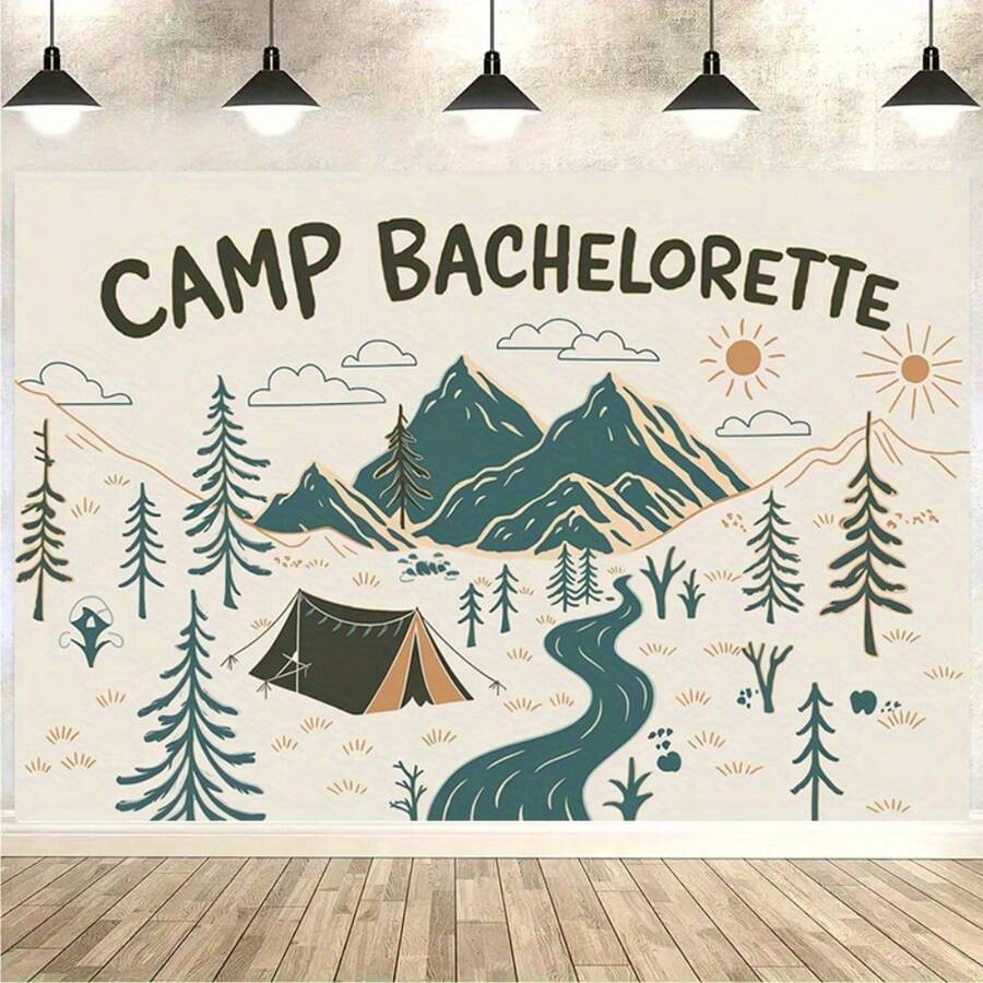 1pc Polyester Camping Women's Party Backdrop Banner, Mountain Lake Hiking Theme, Bridal Shower Decoration, Home And Studio Holiday Decor - Multicolor - View 1