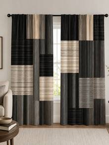 2pcs Modern Geometric Semi-Sheer Curtains, Rod Pocket Curtain Fabric, Vintage Patchwork Wood Grain Color Block Striped Digital Print Privacy Blackout Filter Curtain Panels, Polyester Machine Washable Window Decor, Suitable For Bedroom Living Room Office Home Decoration - Multicolor - View 17