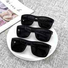 3 Pairs Black Textured Square Frame Fashion Combination Glasses, Colorful Reflective Coated Lenses Outfit Accessory, Driving Beach Vacation Street Style Daily Look Decorative - Black - View 12