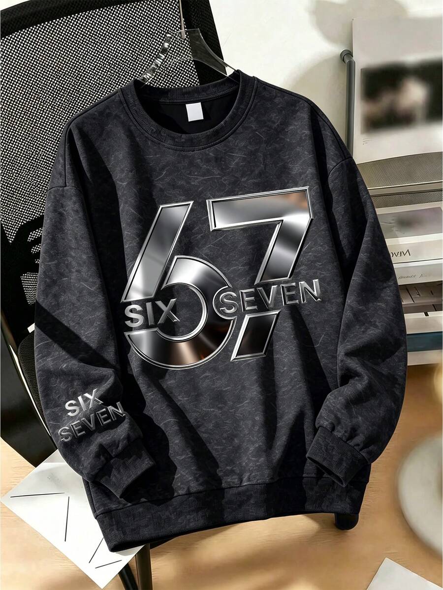 Big Boys Street Style Crew Neck Sweatshirt, Printed With Silver Number "67", Essential Item For Daily Outings In Autumn And Winter - Black - View 1