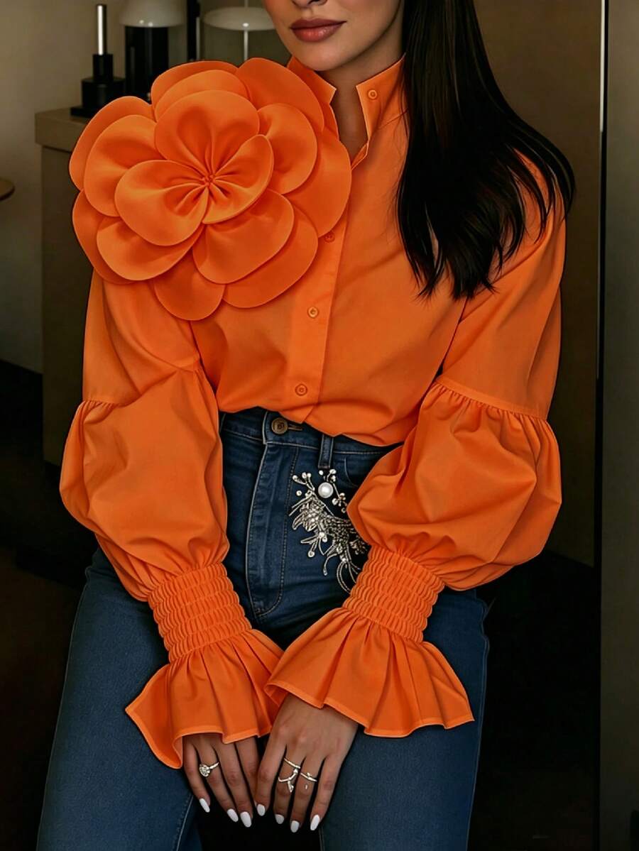 2026新款白色3D花卉裝飾花瓣袖襯衫，Y2K Babe風格浪漫復古優雅派對穿搭，大尺碼友善，約會之夜