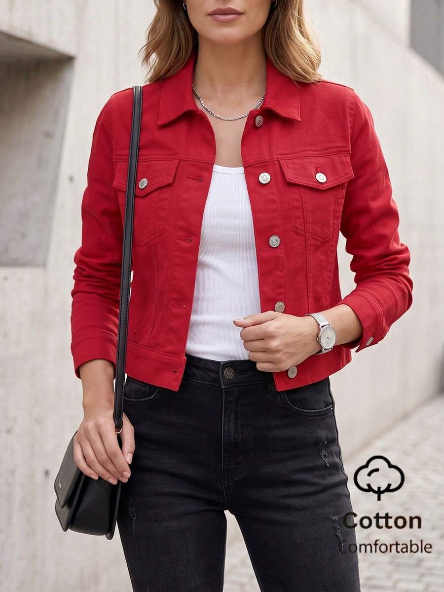 Jaket Denim Pendek Wanita, Katun, Lengan Panjang, Warna Merah Kasual Musim Semi/Musim Gugur - Merah - View 1