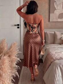 Rok Panjang Lurus Wanita Kasual Motif Polkadot Cokelat dengan Resleting, Bahan Poliester Tidak Melar, Cocok untuk Gaya Sehari-hari - Coffee Brown - View 2