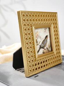 1PC European Woven Hollow Mesh Style Photo Frame, Square Design, French Style, Gilded Frame, Resin Material, Suitable For Vanity Decor, Study Desk Ornament, Living Room Coffee Table Soft Decoration, Entryway And Makeup Table Decoration, Dried Flower Decoration, Still Life Photography, Gilded Artistic Desk Decor - A2244 - View 6