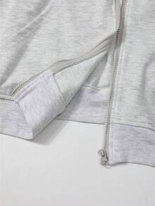 Sweatshirt Lengan Panjang Berkerudung Ukuran Besar Wanita dengan Resleting, Tali Serut, dan Kantong, Kain Rajut Elastis Sedang, Nyaman untuk Dipakai di Musim Gugur/Musim Dingin - Grey - View 9