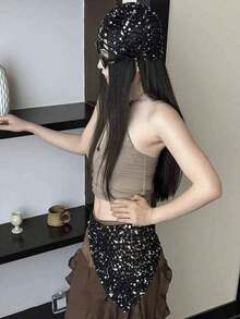 1pc Women's Spring/Summer Lightweight Hollow Sequin Decorated Hand-Woven Hat, Suitable For Spring/Summer/Autumn Daily Outdoor Wear, Sequin, Suitable For Festivals, Travel Occasions - A-large Mesh - View 3