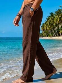 Men's Solid Color Elastic Waist Casual Loose Versatile Daily Linen Long Pants, Summer Outdoor, Gift, Beach Vacation Casual Style - Coffee Brown - View 3