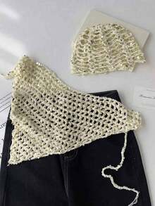 1pc Women's Spring/Summer Lightweight Hollow Sequin Decorated Hand-Woven Hat, Suitable For Spring/Summer/Autumn Daily Outdoor Wear, Sequin, Suitable For Festivals, Travel Occasions - A-large Mesh - View 2