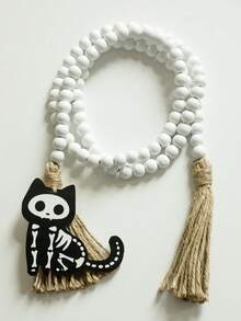 1PC Halloween Skeleton Black Cat White Bead Tassel Garland Spooky Gothic Mantel Fireplace Shelf Door Window Decor Indoor Outdoor Bar Cafe Holiday Party Entryway Gallery Front Porch Photo Backdrop Wall Hanging Ornament Decoration - Style 1 - View 5