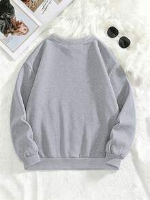 1pc Minimalist Fresh Girl Crew Neck Sweatshirt, Black Cat Applique Embroidery, Soft Autumn/Winter Campus Top - Grey - View 3