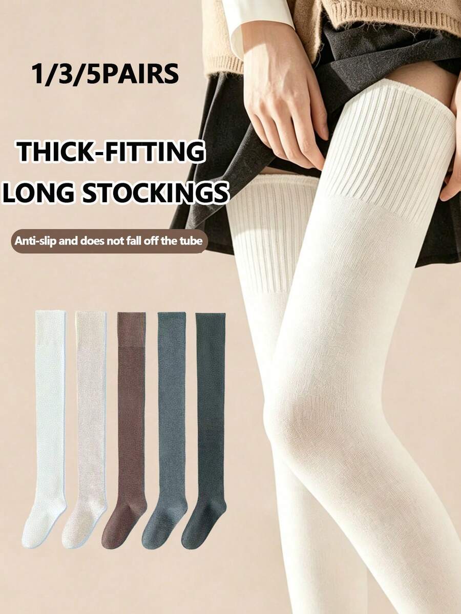 1/3/5 Pairs Women's Autumn/Winter Warm Over-The-Knee Socks, Thick Ribbed Non-Slip Thigh-High Socks For Daily Warm Wear - Multicolor - View 1