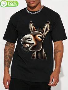 Donkey Face Graphic T-Shirt Black Funny Animal Print Casual Daily Wear - Black - View 1