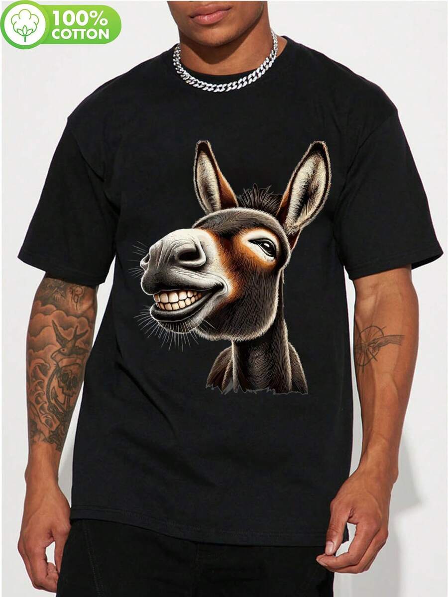 Donkey Face Graphic T-Shirt Black Funny Animal Print Casual Daily Wear - Black - View 1