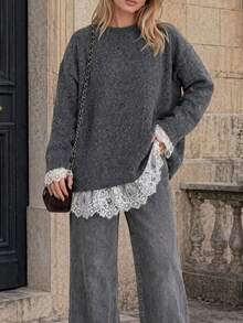 Women's Lace Patchwork Casual Versatile Daily Wear Knit Top - Grey - View 3