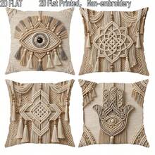 4pcs Evil Eye Woven Texture Pillow Covers, Bohemian Style, Single-Sided 2D Printed Non-Embroidered Soft Polyester Cushion Covers, 45x45cm (18x18in), Zipper Closure, Machine Washable, Suitable For Living Room Bedroom Home Decor (Pillow Insert Not Included) - Multicolor - View 3