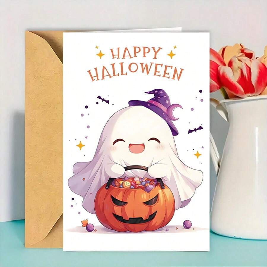 1PC-Halloween Card With Envelope, Halloween Card For Kids, Classmates, Teachers, Family, Friends, Neighbors, Suitable For Anyone Ghost Halloween Decoration Gift - A - View 1