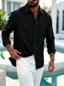 Men's Pure Black Textured Linen Button-Down Shirt, Casual Lapel Long Sleeve Pocket Shirt, Summer Vacation Daily Wear - Black - View 4