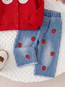 Baby Girl Strawberry Applique Ruffle Collar Patch-Front Fashion Knit Cardigan And Strawberry Embroidered Hem Loose Fluffy Denim Long Pants - Red - View 5
