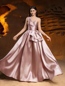 Alisa&Leo Satin Formal Dress For Teenage Girls - One Shoulder Design, Front Pleats, Waist Bow And Back Tie - Flowing Long Skirt - Suitable For Prom, Birthday Party, Wedding And Formal Events - Champagne - View 9